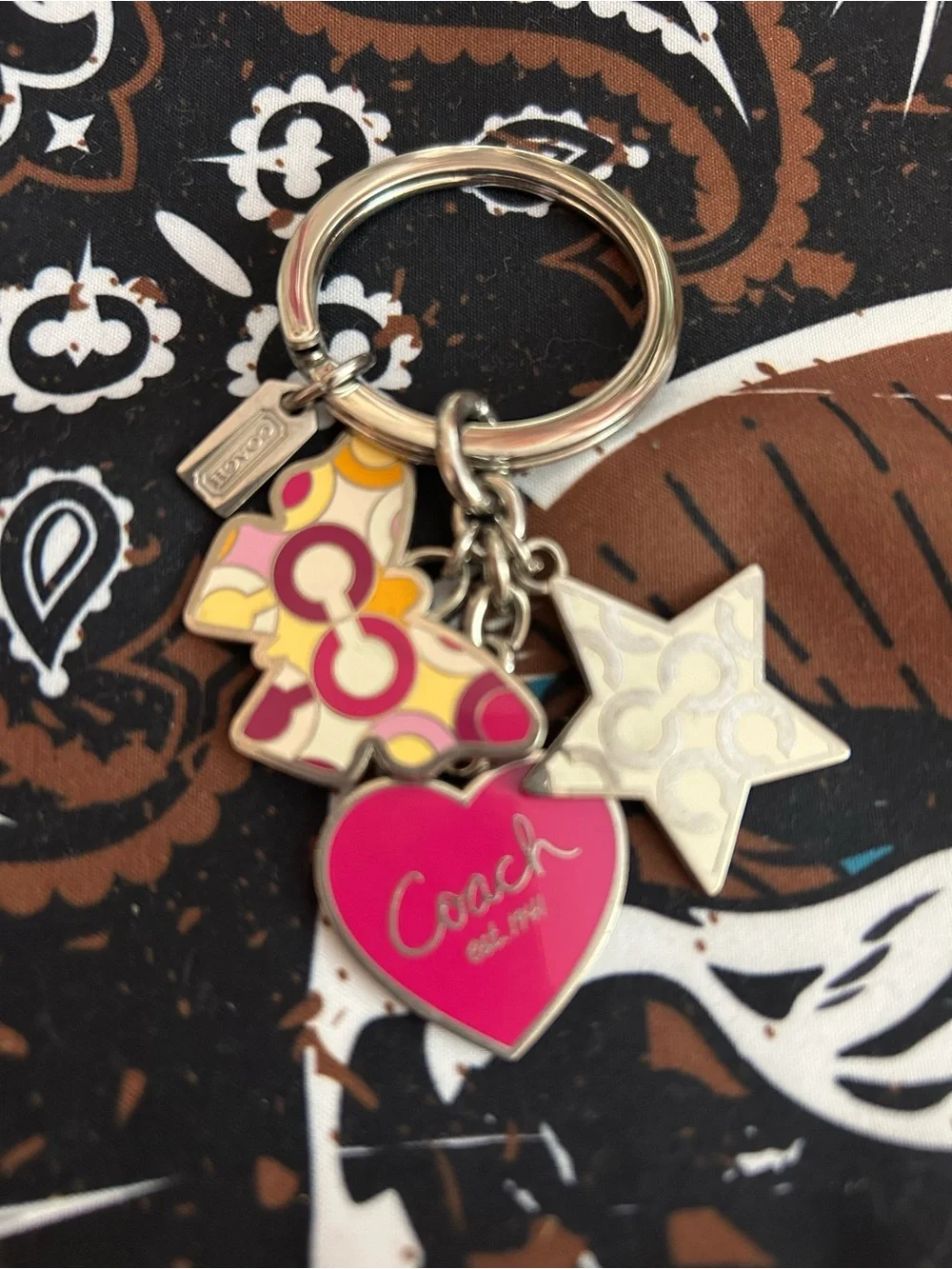 Coach Pink, Yellow & Beige Heart and Star Charm Keyring New never used